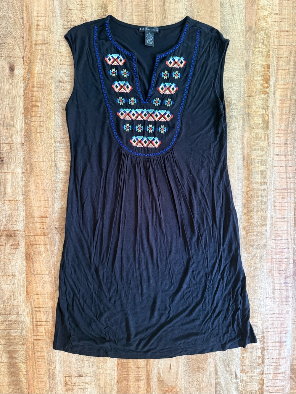 Design History Black Sleeveless Tunic with Multicolor Embroidery